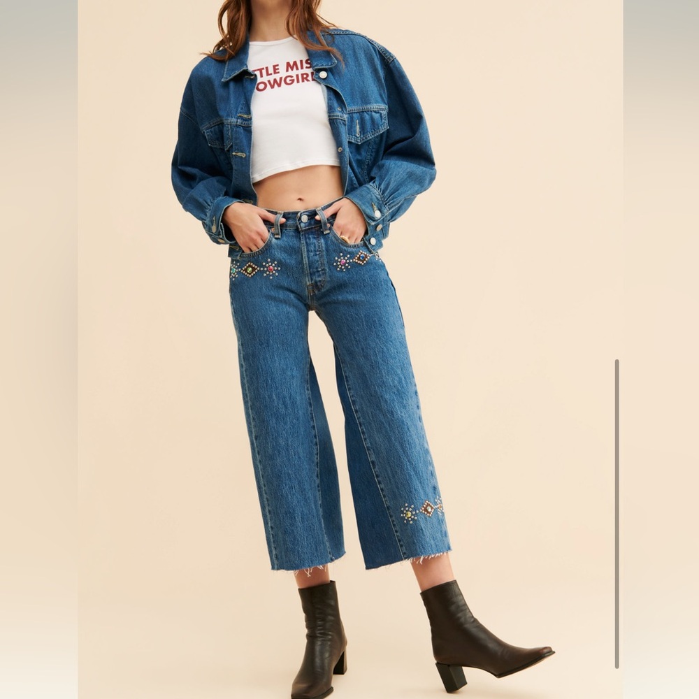 Vintage Embellished Blue Denim Culotte Jeans - Women size 24